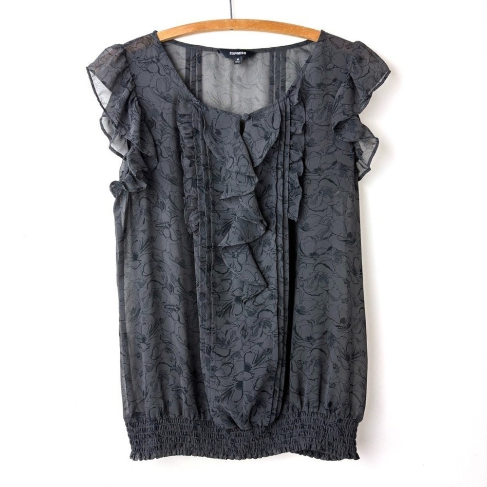 Express Sheer Floral Top Womens Medium Gray Black Whimsygoth Romantic‎ Victorian